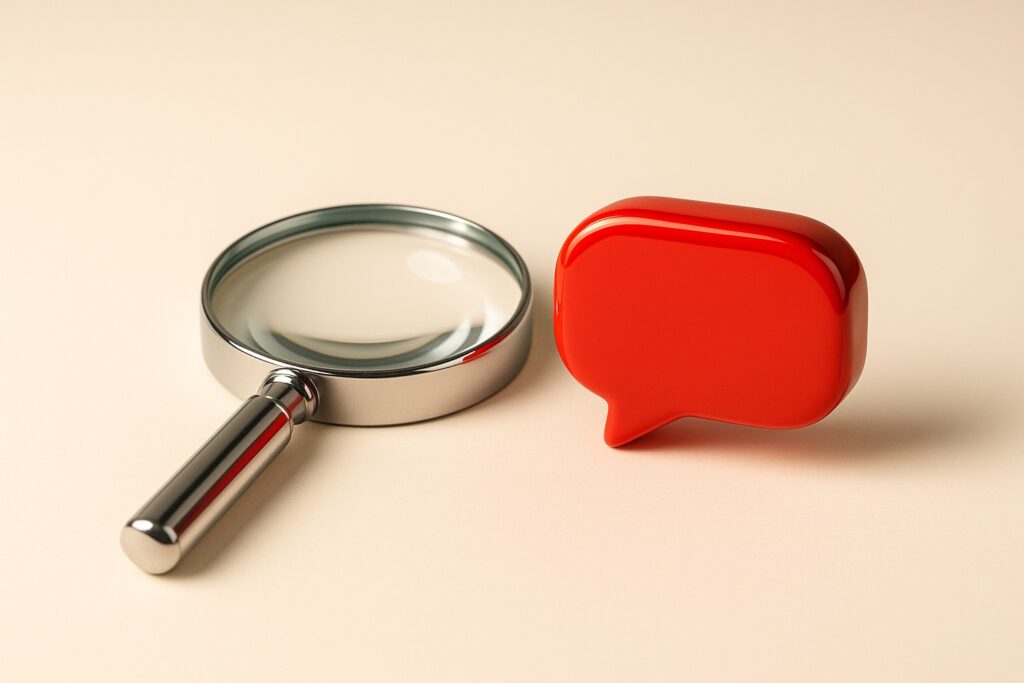 GEO vs SEO concept — magnifying glass and red chat bubble